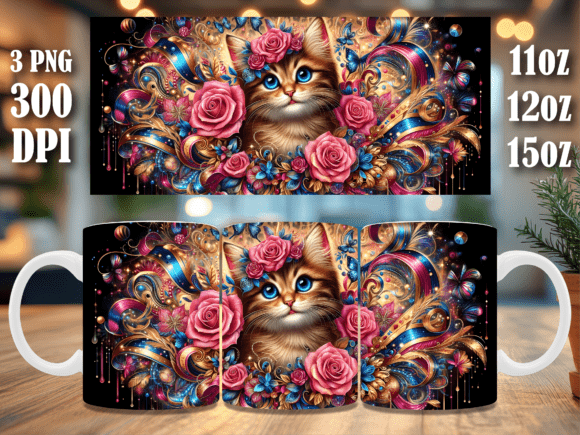Download Floral Pink Rose Kitten Mug Wrap Design - Design Collection