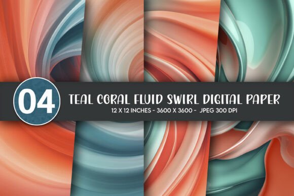 Download Teal Coral Fluid Swirl Digital Paper - Fluid Collection